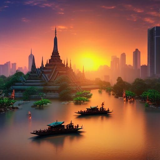 Sunset Over Chaophraya River: Detailed Matte Painting