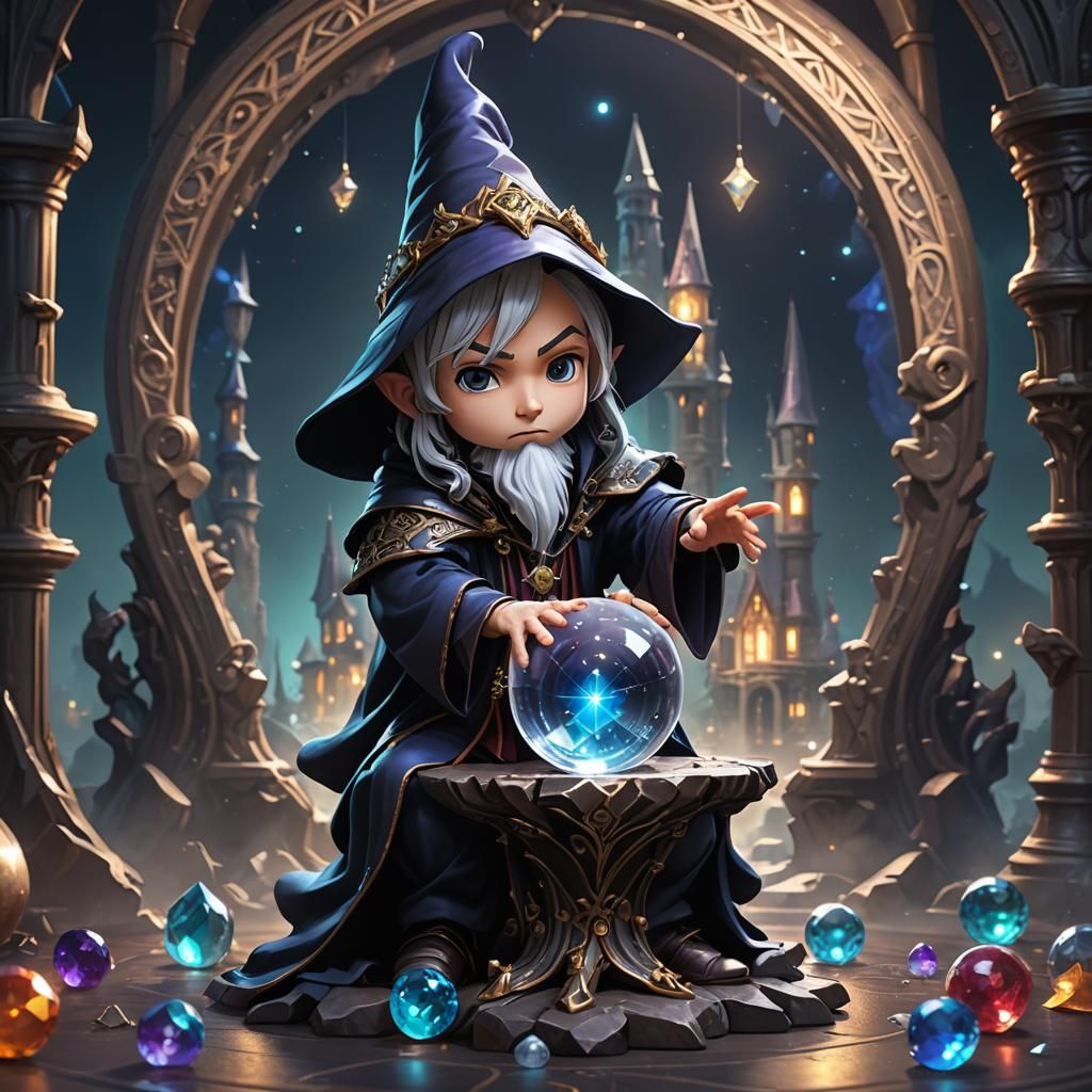 Chibi Wizard and Crystal Ball in Detailed Matte Painting