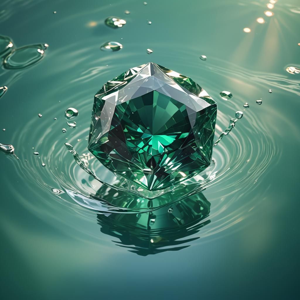 Hyperrealistic Emerald Gemstone Reflecting Light on Water
