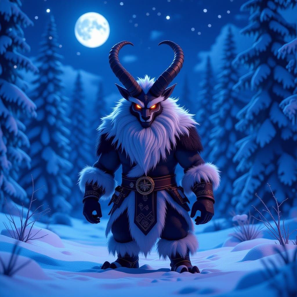 Traditional Krampus in Moonlit Snowy Forest