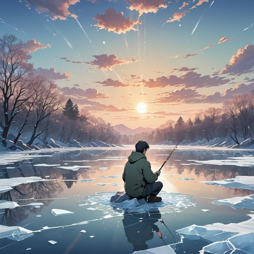 Man Fishing on Frozen Lake: Anime Key Visual