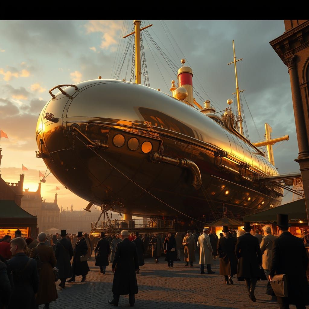 Steampunk Airship Radiates in Sunset Glory Amidst Bustling M...