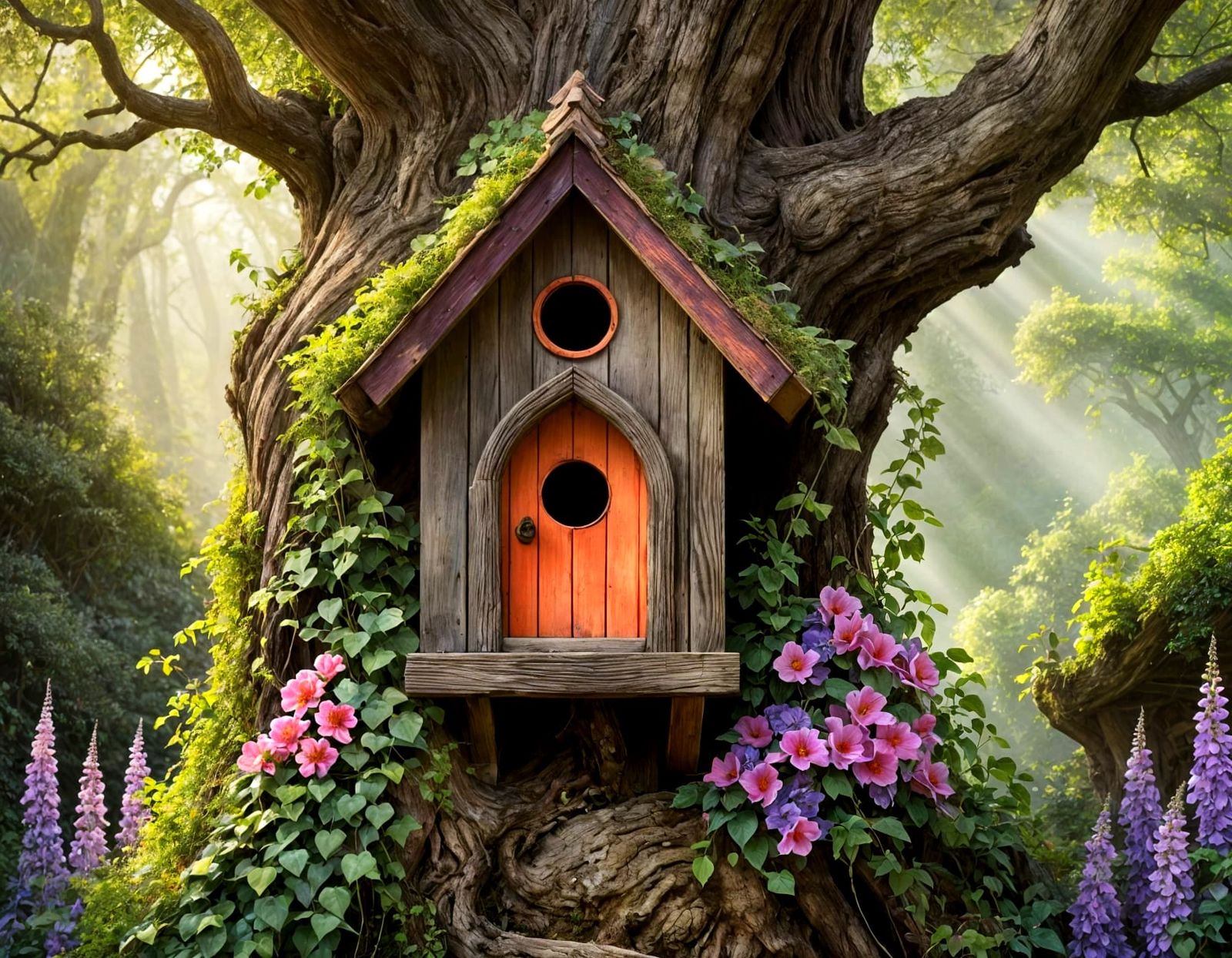 Enchanted Forest Birdhouse with Canary: Ghibli-Inspired Art