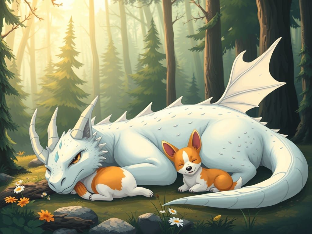 Kind White Dragon Sleeps Peacefully with Corgi in Forest