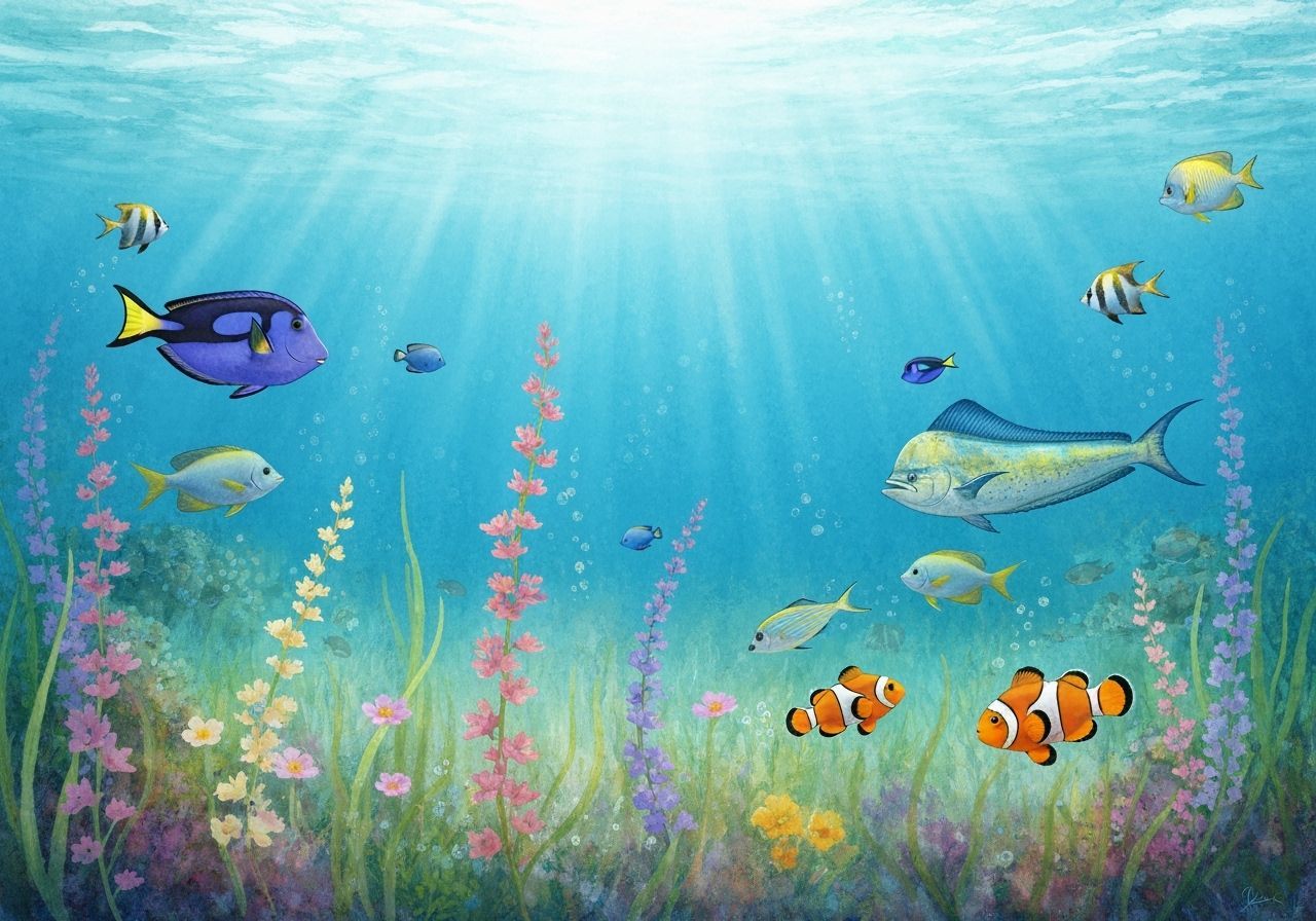 Underwater Meadow with Iridescent Fish in Watercolor Style