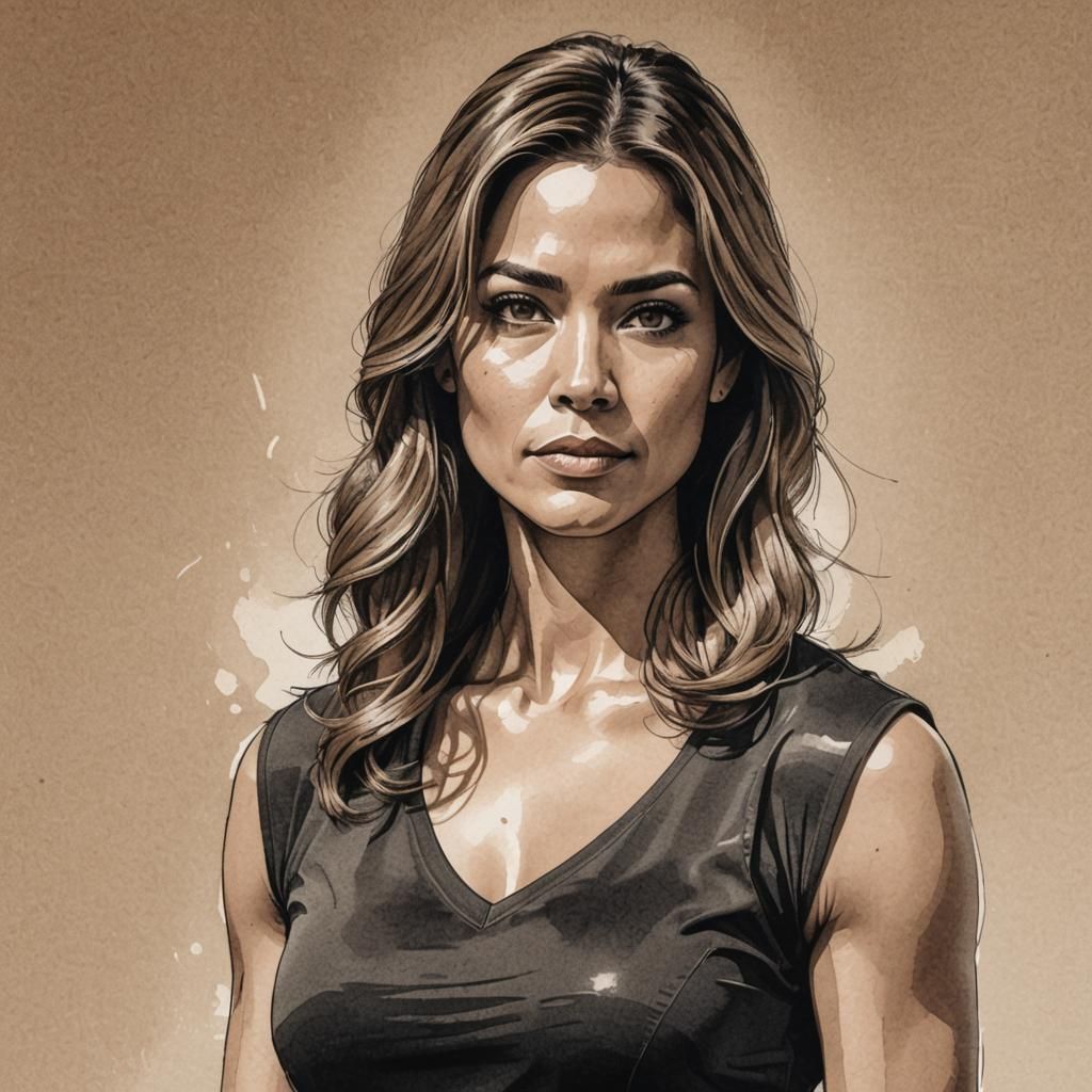 Confident Woman in Armando Huerta Style Ink Illustration