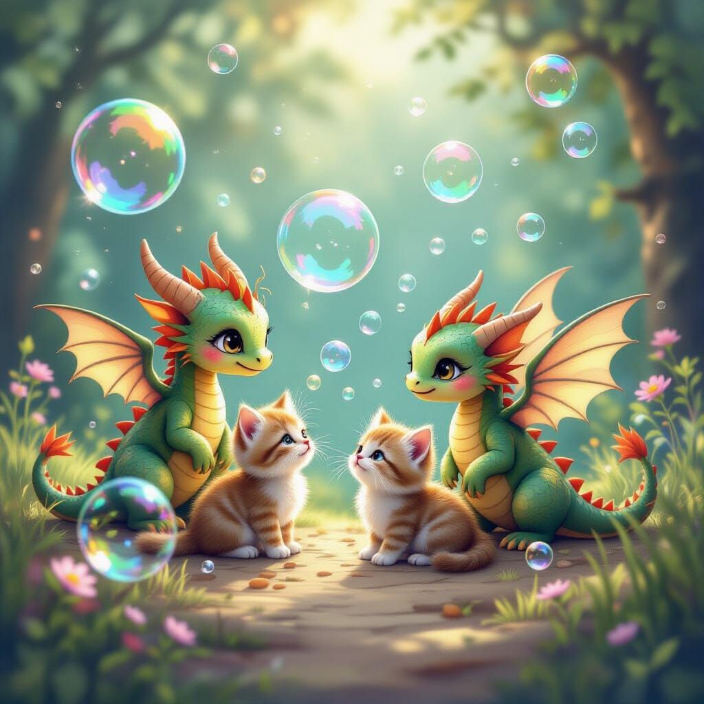 Whimsical Dragons, Fairies, and Kittens Play with Bubbles