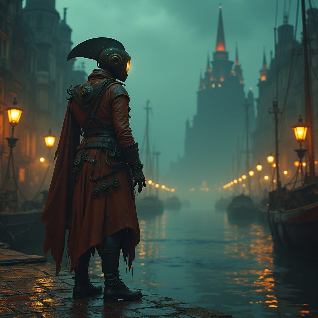 Steampunk Android Air Pirate in Radium-Punk Mega-City