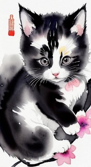 Kitten and Flower in Watercolor Style