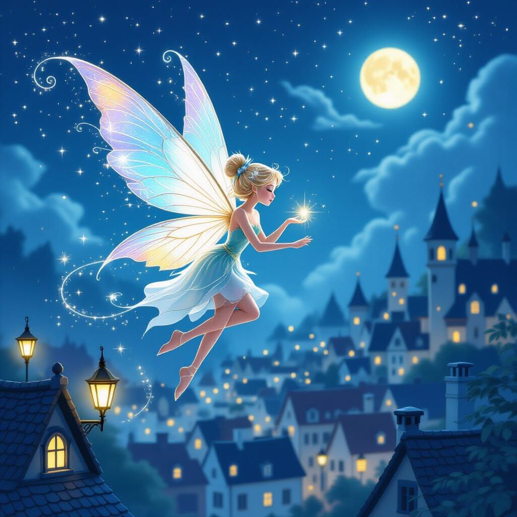 Magical Fairy Above Fairytale City in Storybook Style