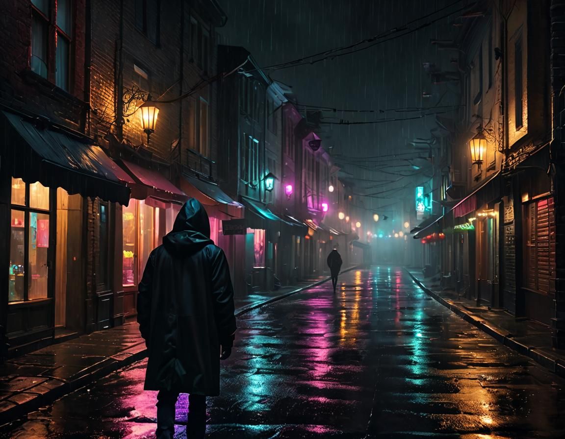 Rainy Night Alley: Man in Black Coat