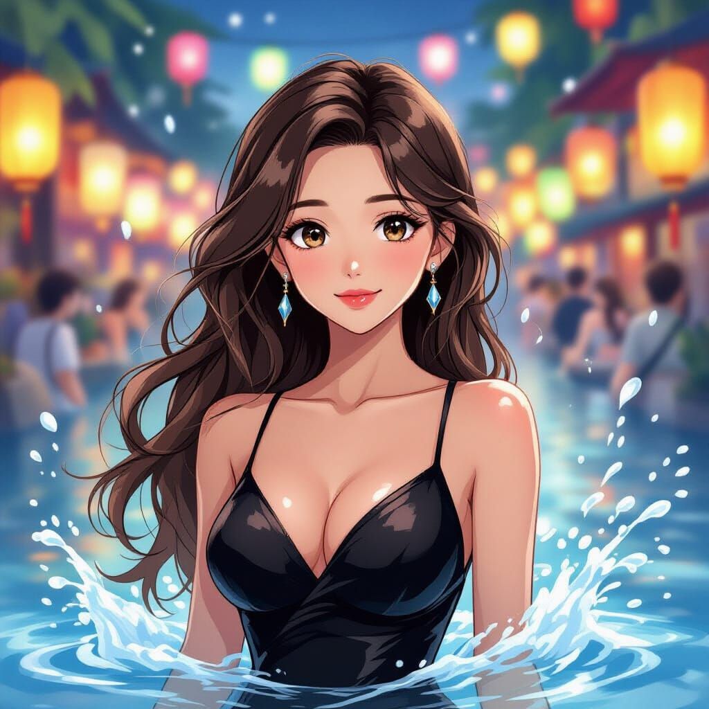 Anime Woman at Water Festival in Cel-Shaded Style