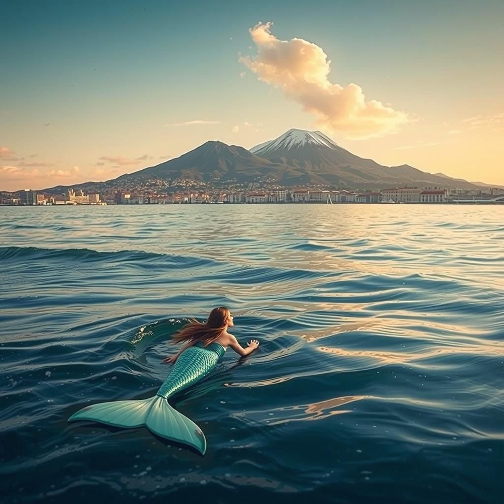 Mermaid Parthenope Rises in Naples Bay, Digital Art