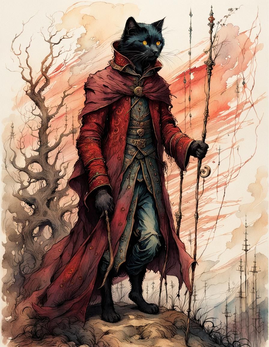 Medieval Anthropomorphic Black Cat, Detailed Illustration