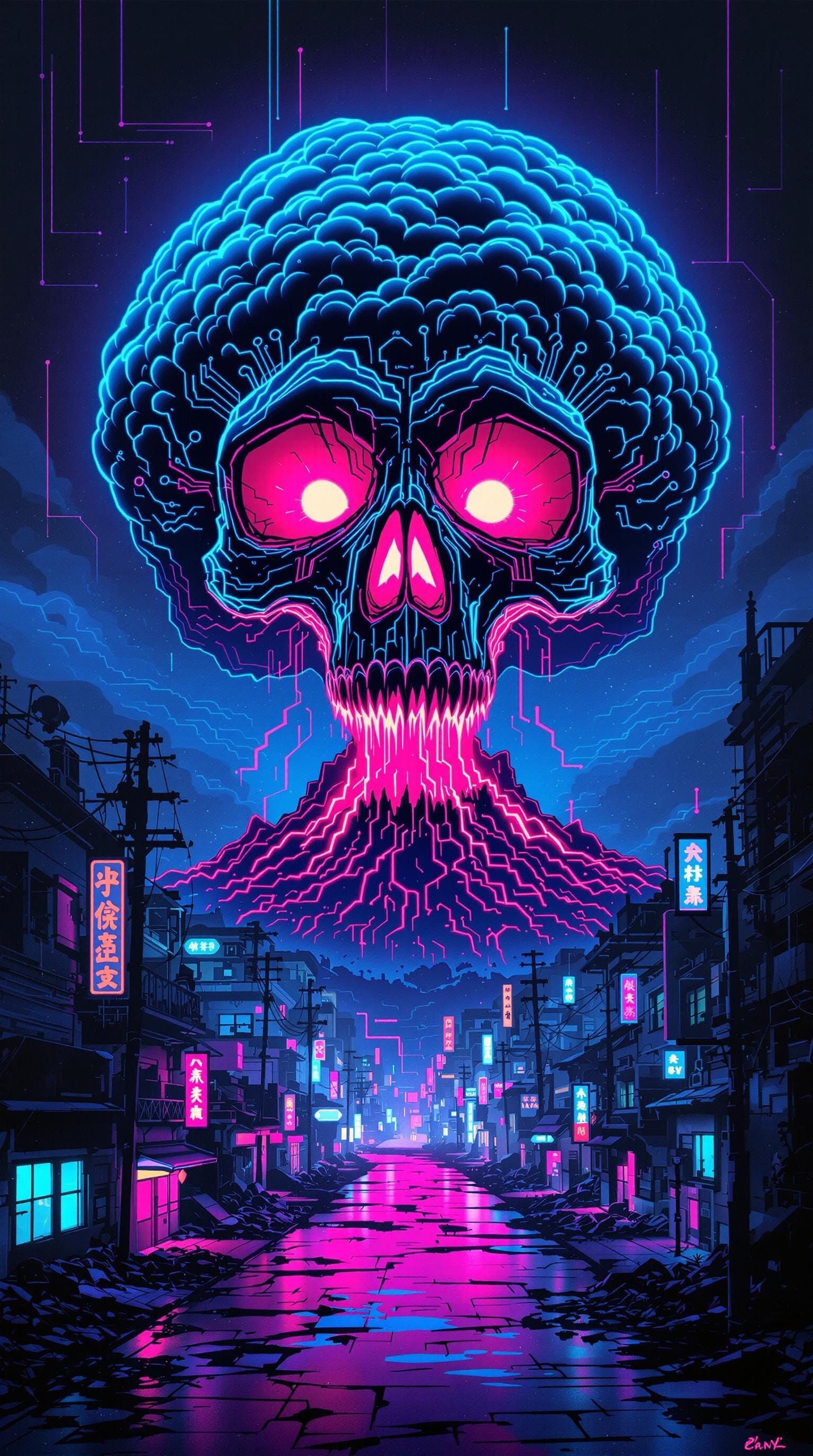 Cyberpunk Skull Mushroom Cloud in Neon Ukiyo-e Style