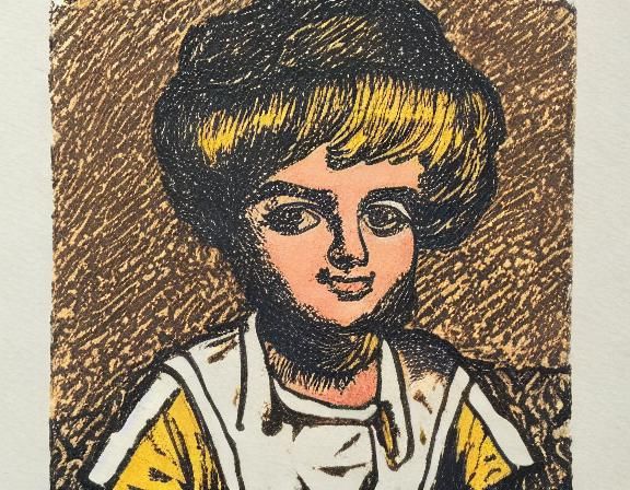 Cute Girl in Hand-Colored Linoprint Style