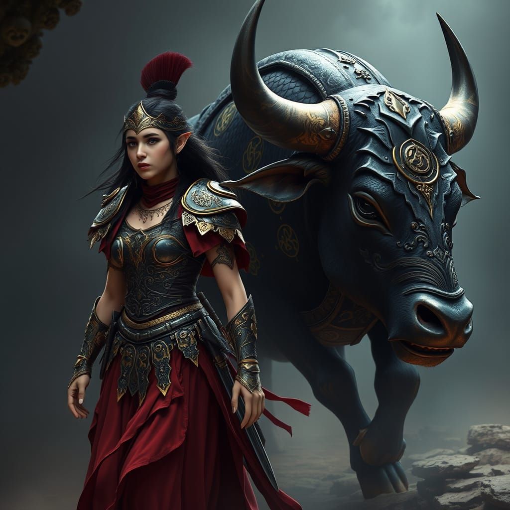 Elegant Spanish Warrior Woman Walks Beside a Majestic Black ...