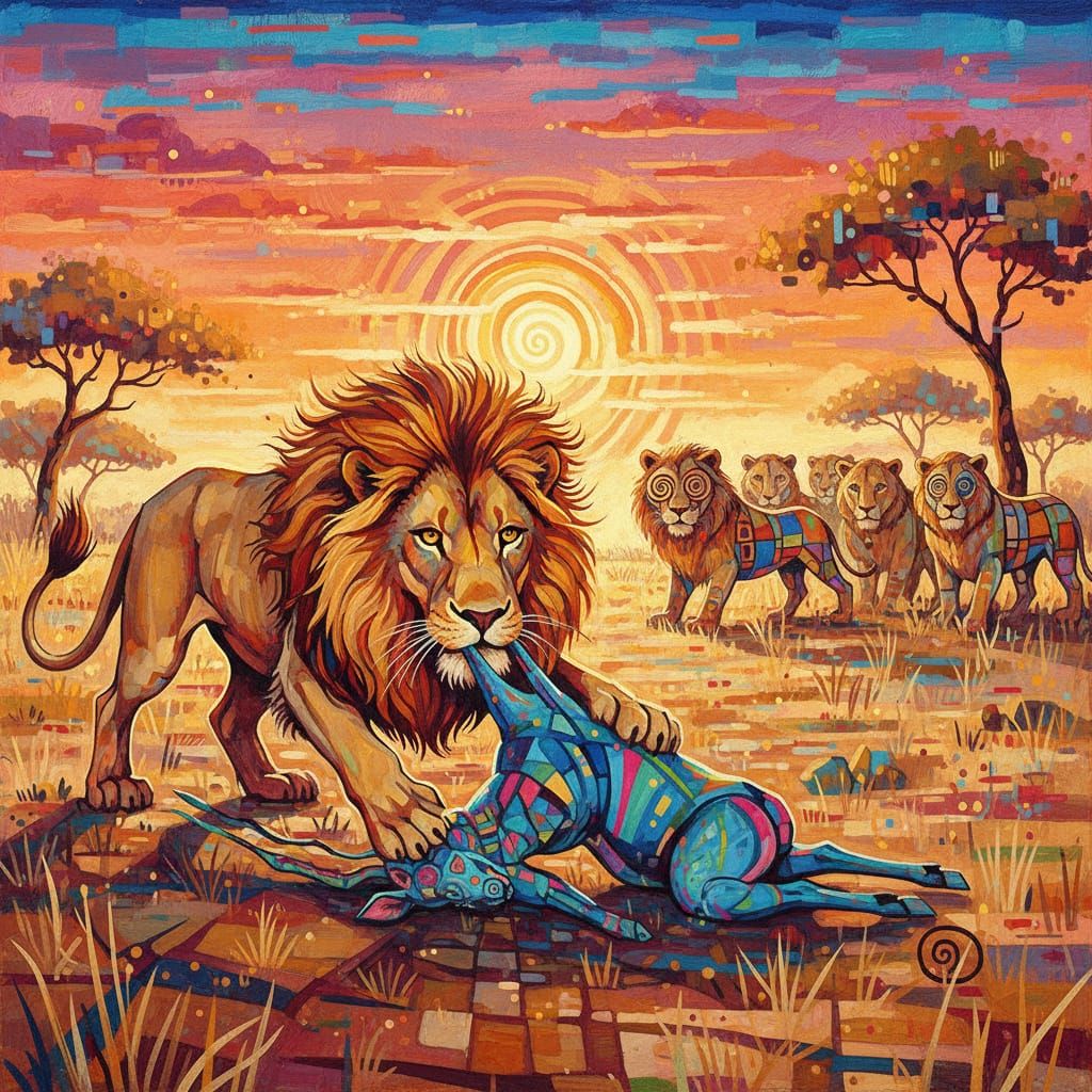 Lion Dragging Prey to Pride on Vibrant Savannah