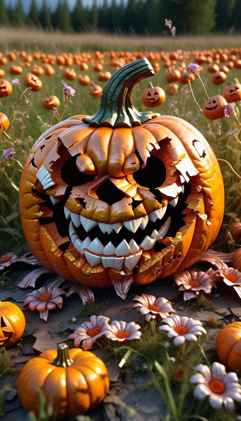 Epic Destroyed Jack-o'-Lantern in a Meadow