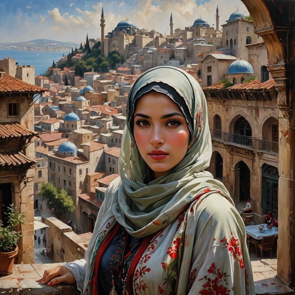 beautiful female wearing hijab in terrace, casbah, dark hair...