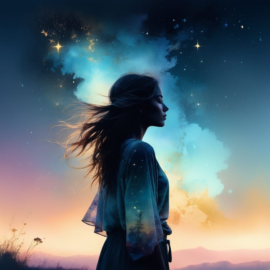 Dreamy Female Silhouette Under a Starry Sky in Digital Water...