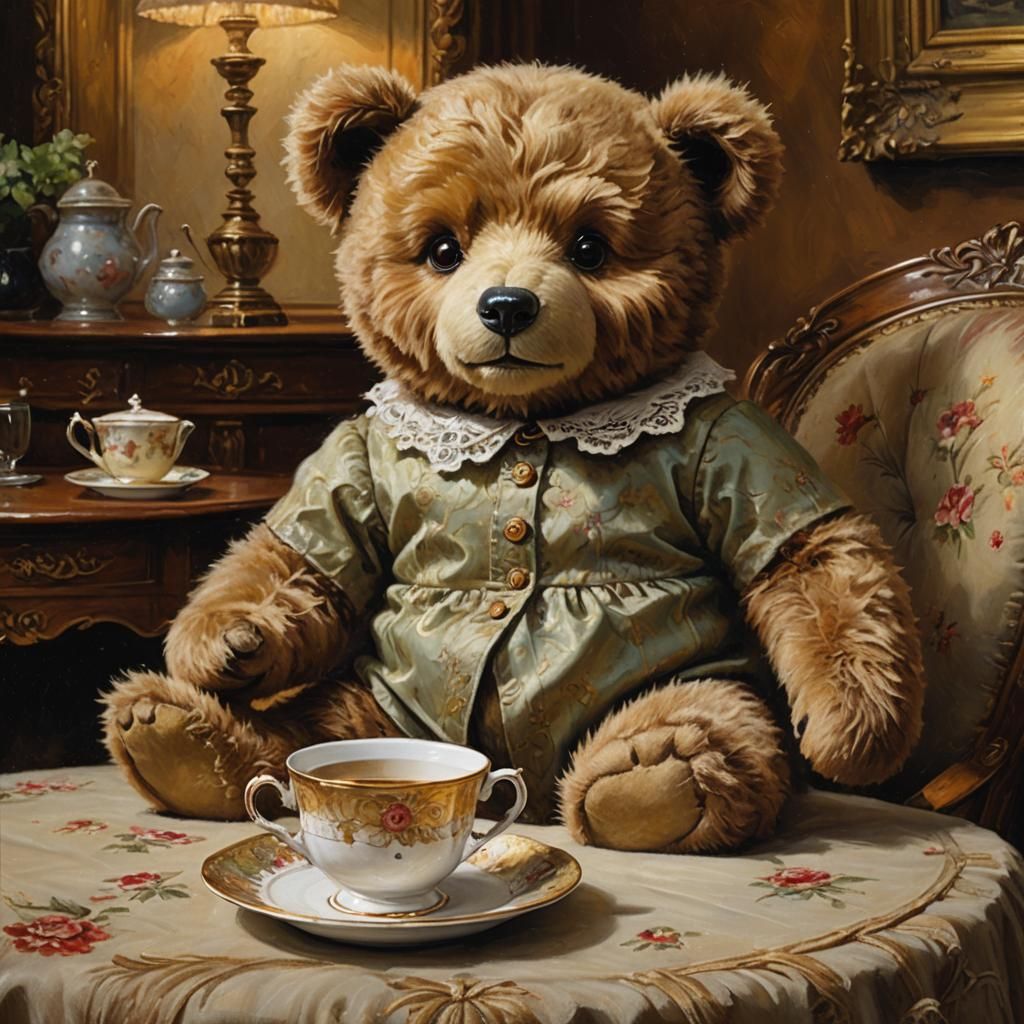 Teddy Bear's Victorian Tea Party: An Impasto Oil Painting