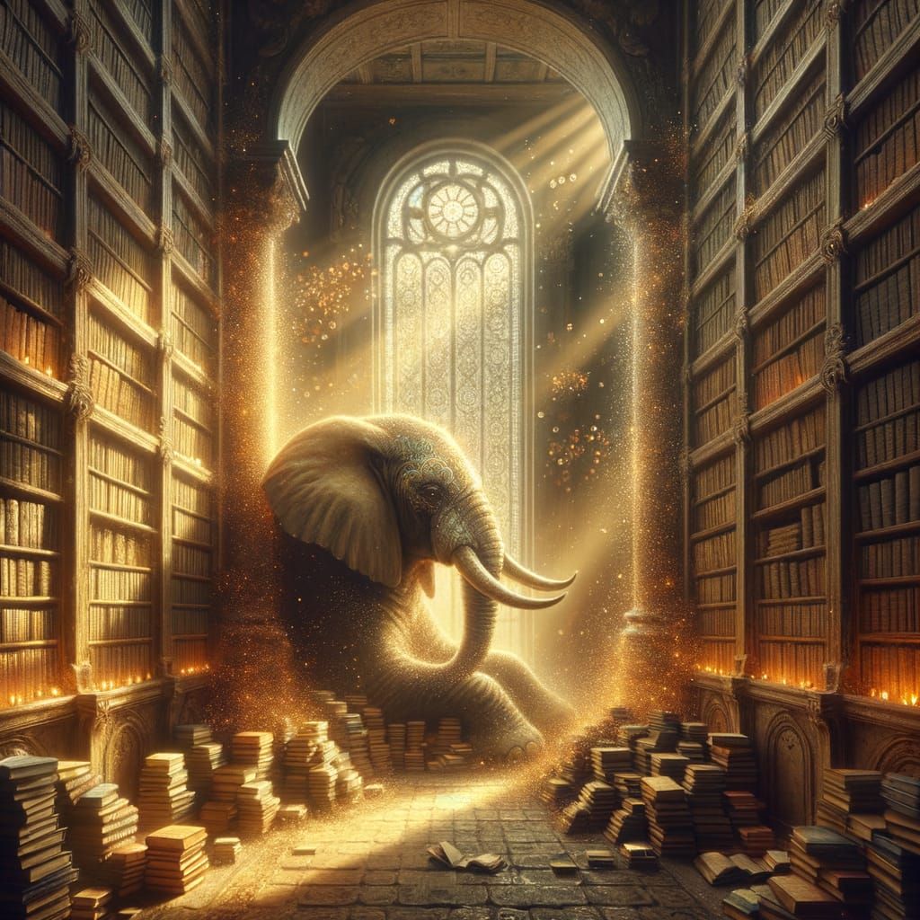 Wise Elephant in Sunlit Library, Romantic Era Oil Painting