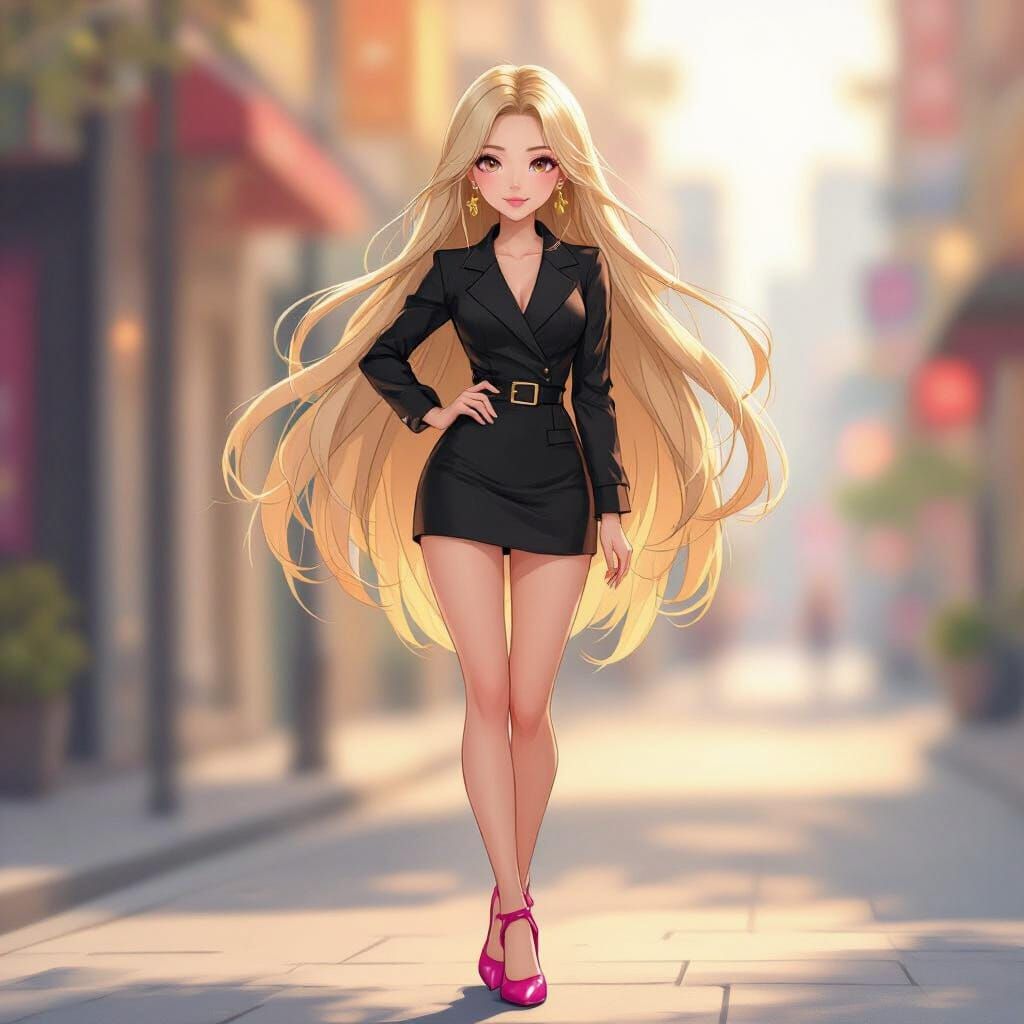 Cute Anime Woman in Stylish Outfit with Pink Shoes