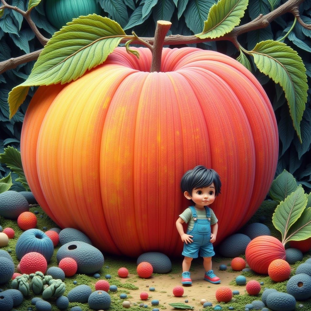 Whimsical Boy Stands Beside Enchanted Peach in Dreamlike Sty...