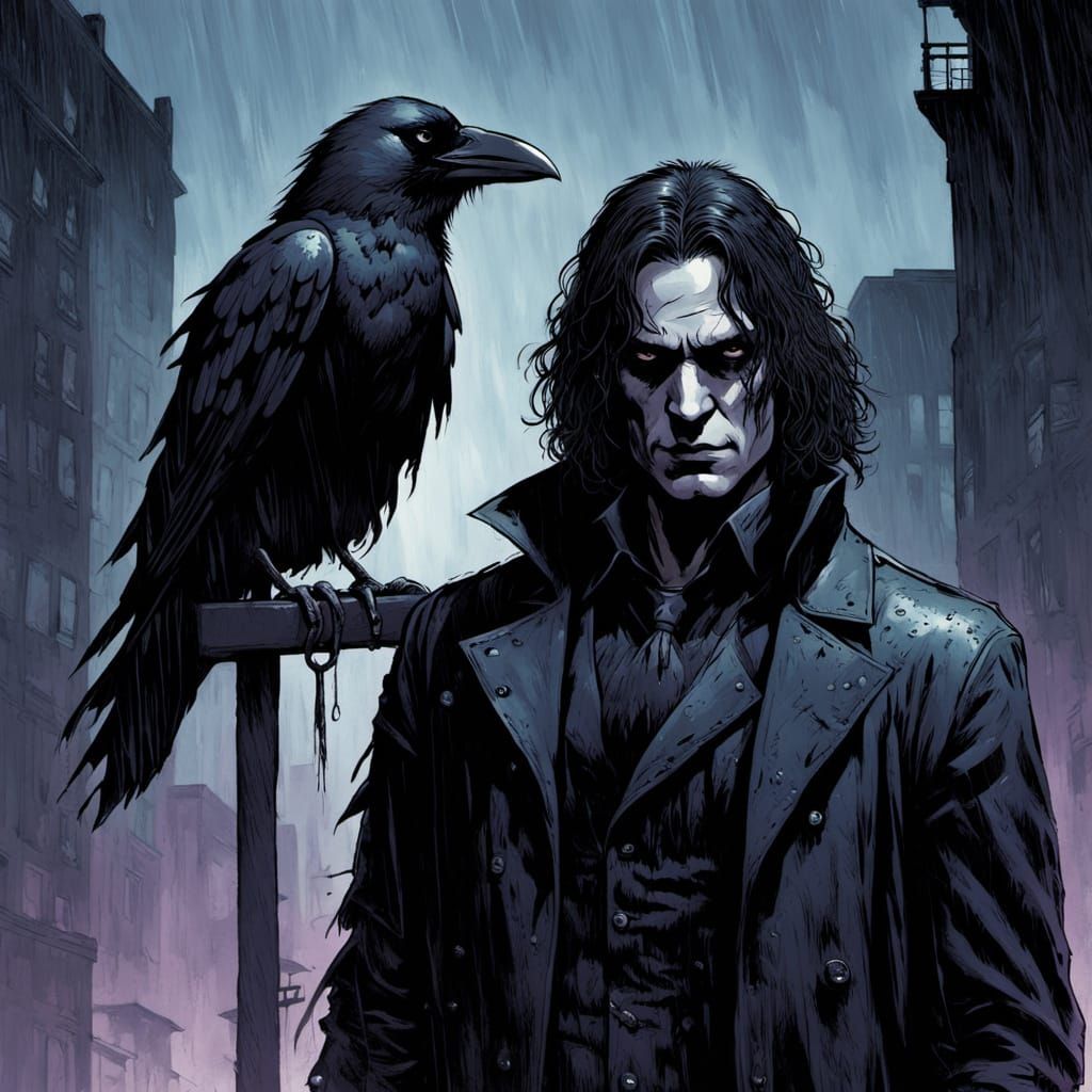 The Resurrected Eric Draven in Gothic Cityscape