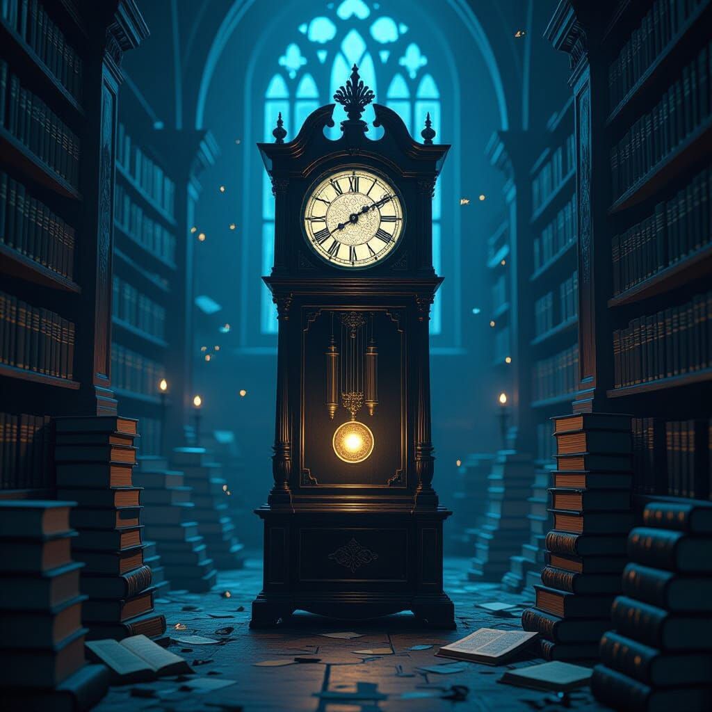 Mysterious Grandfather Clock in Ancient Library