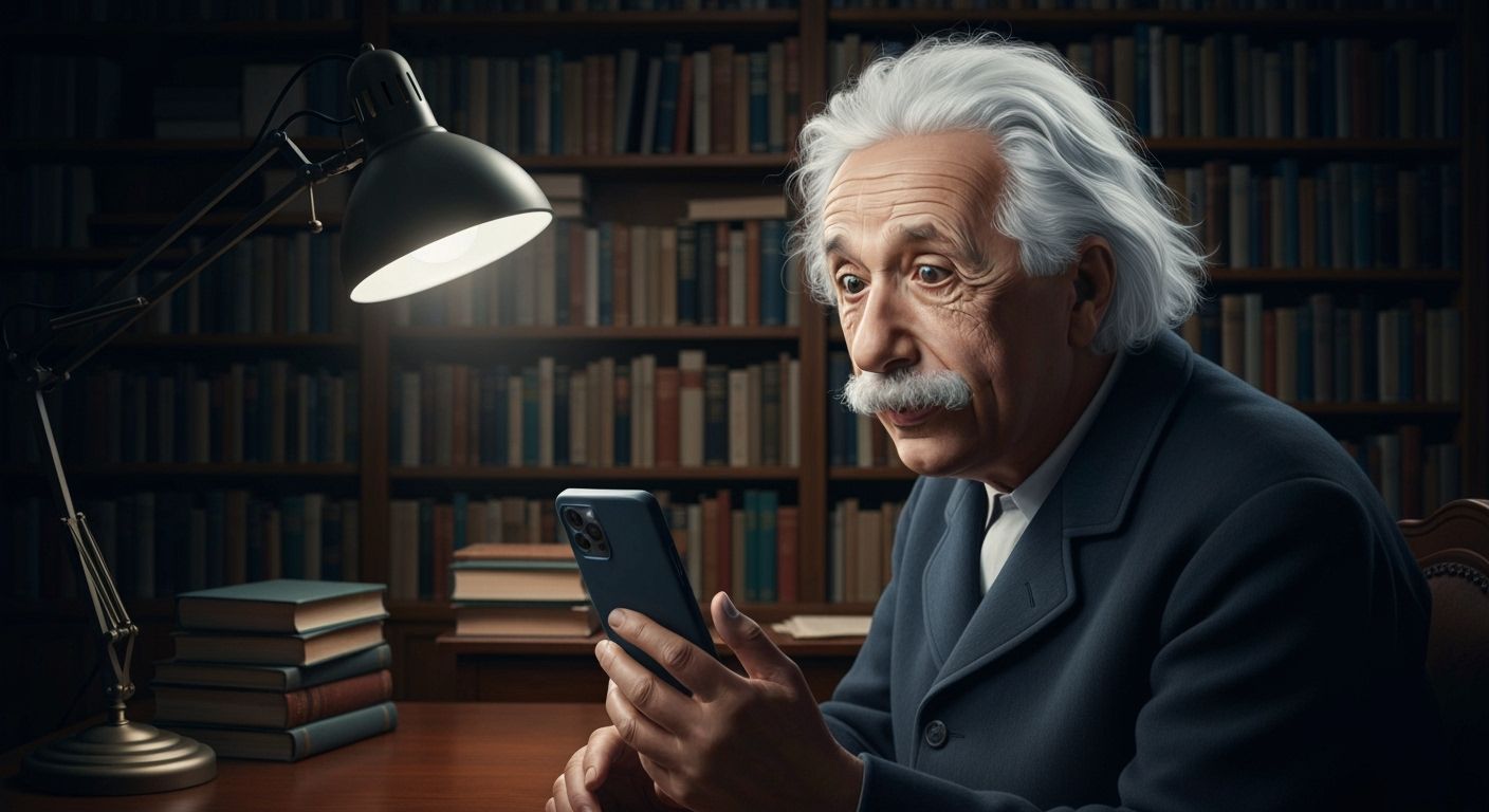 Einstein Shocked by Smartphone in Photorealistic Study