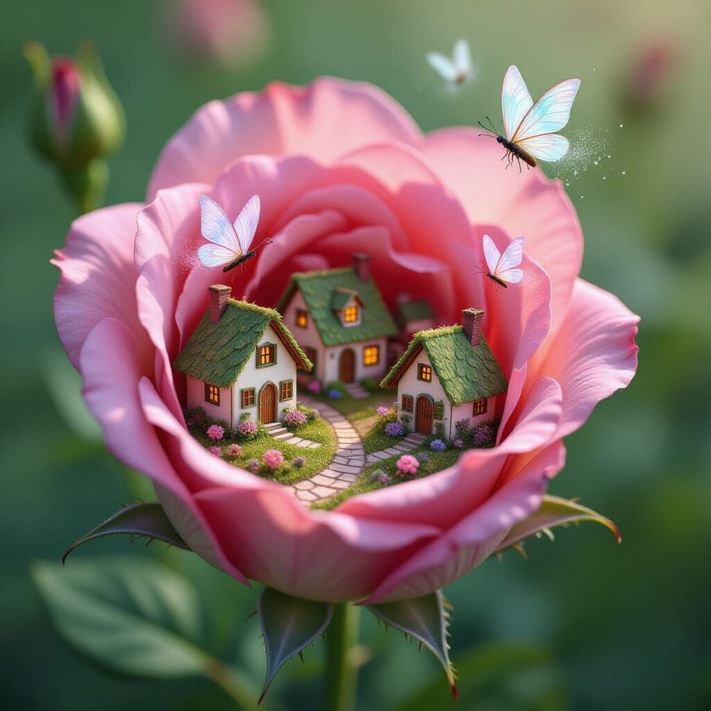 Tiny Village Inside Giant Rose Bud