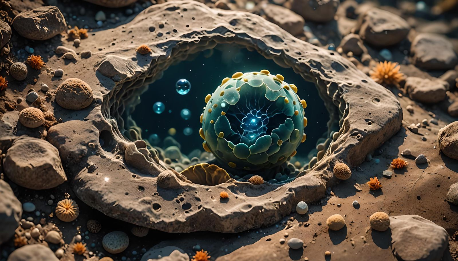 Primordial Cell Formation in Underwater Rock Crevice