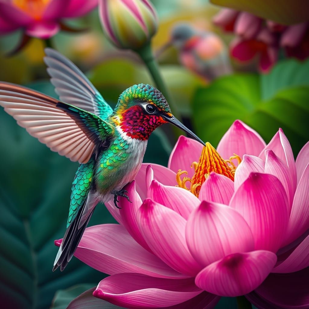 Hummingbird Sipping Nectar From Lotus Flower: Hyperrealistic...
