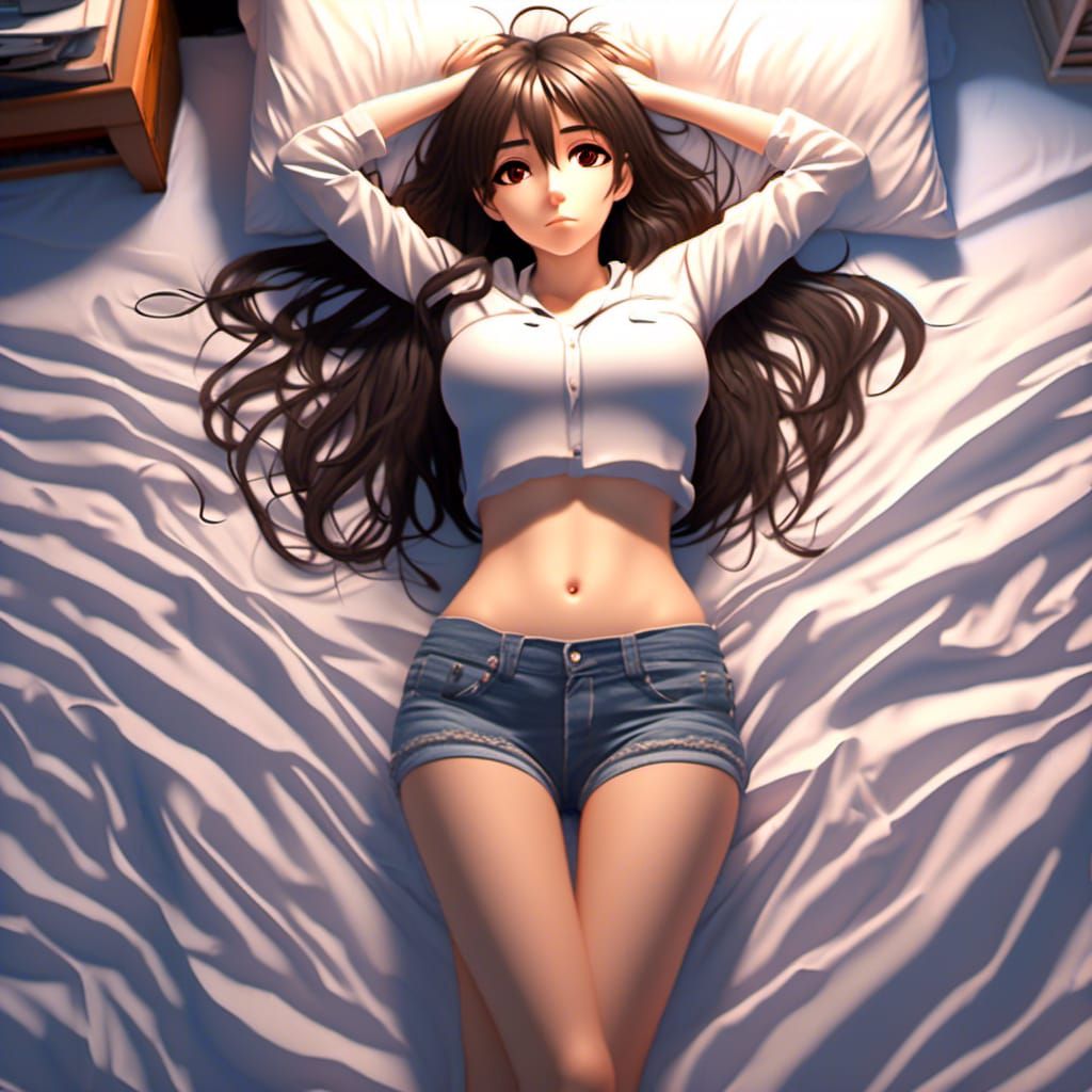 Skinny anime girl with long messy hair laying on bed