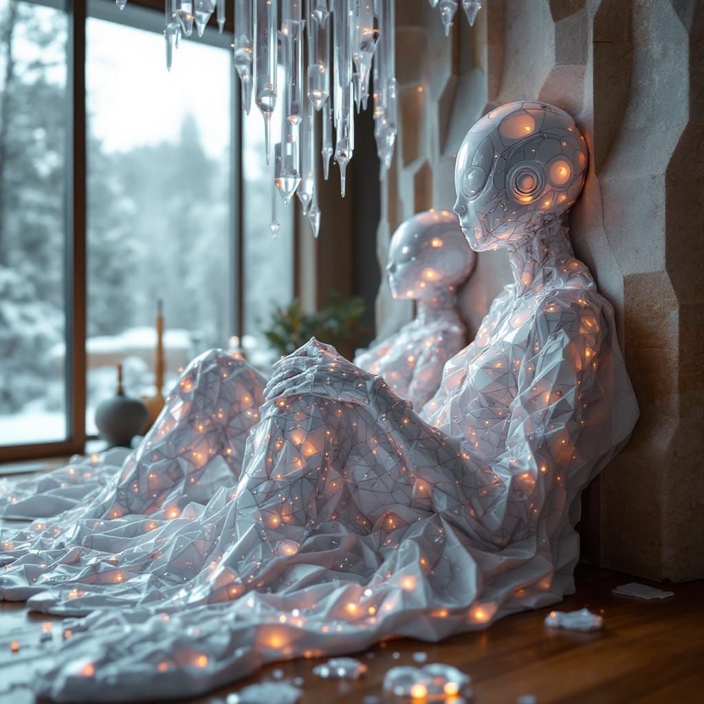 Whimsical Humanoid Figures in Glitchcore Dreamscape