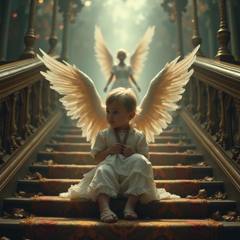 Child and Guardian Angel in Ethereal Carnival Setting