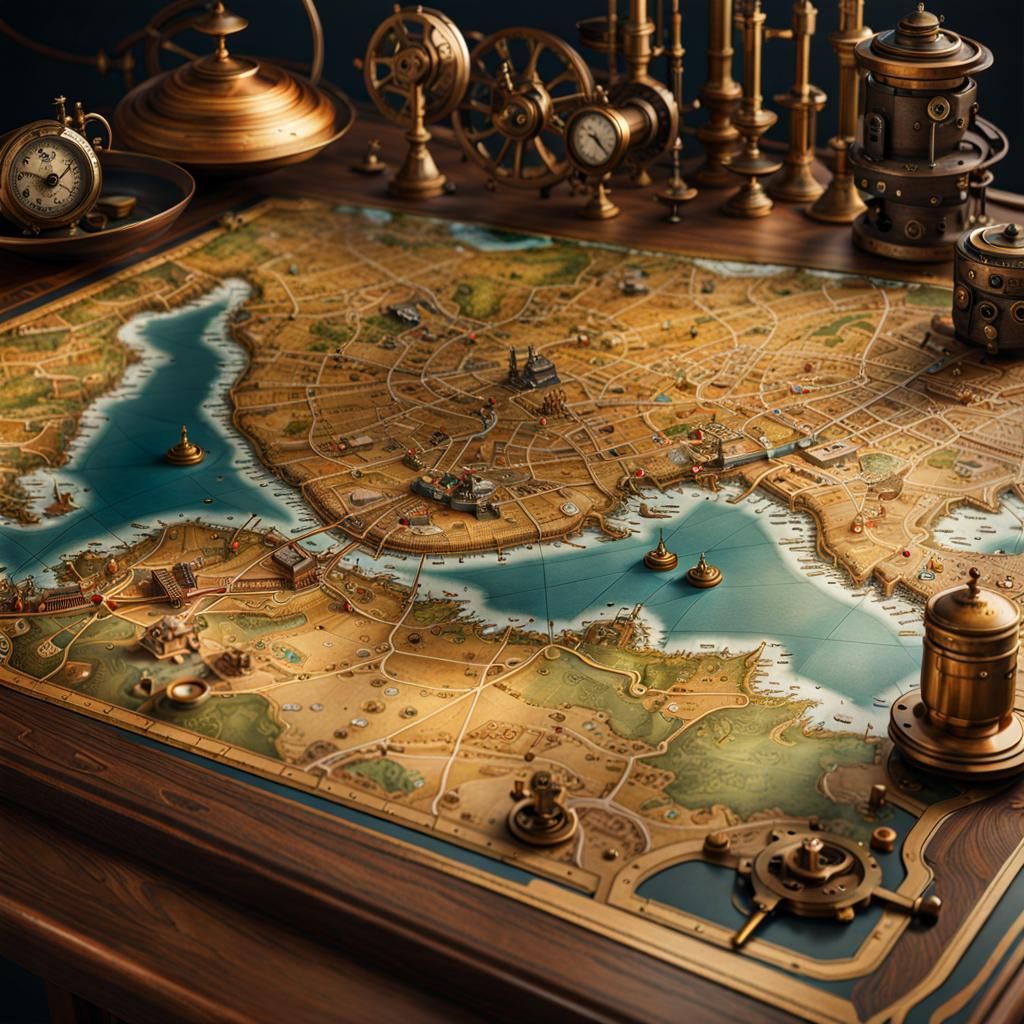 Steampunk Paper Map on Oak Desk