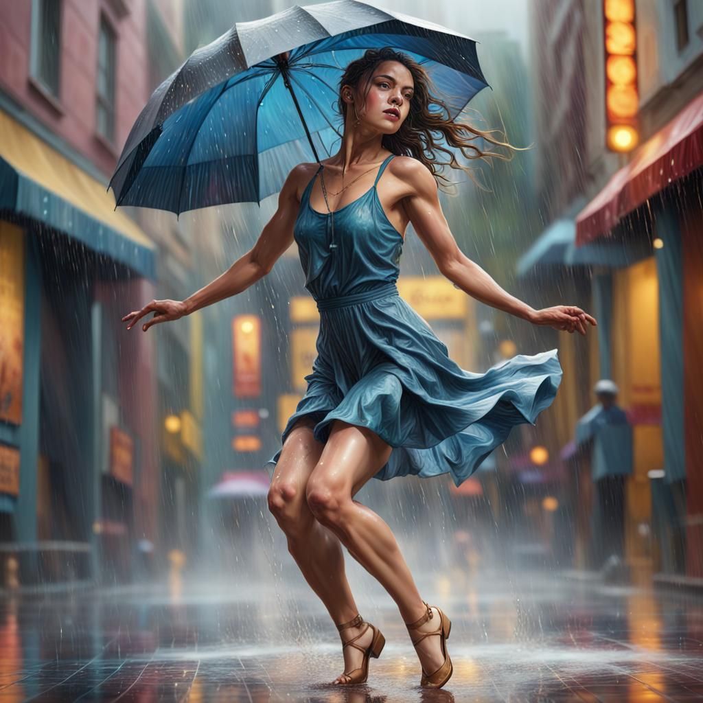 Woman Dancing in Rain: Hyperrealistic Splash Art