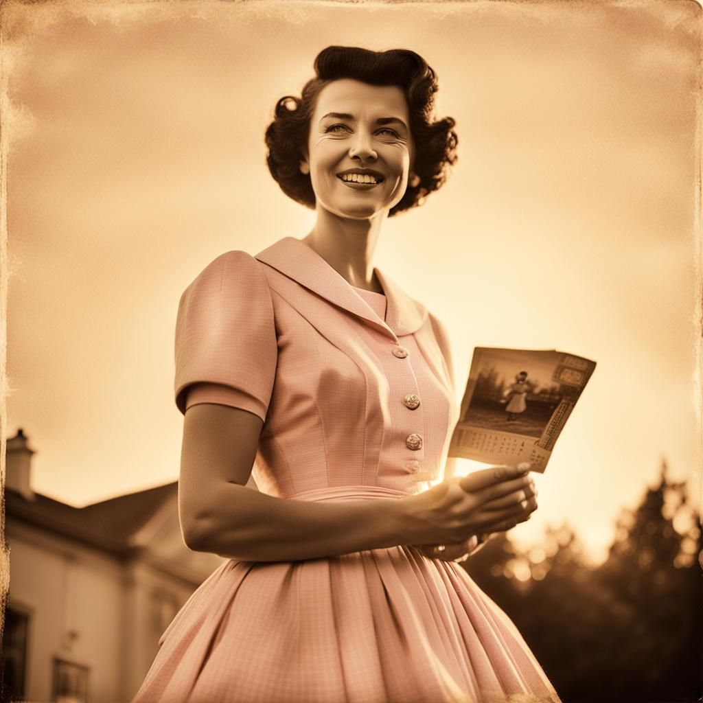 Vintage Woman with Postcard in Nostalgic Kodak Style