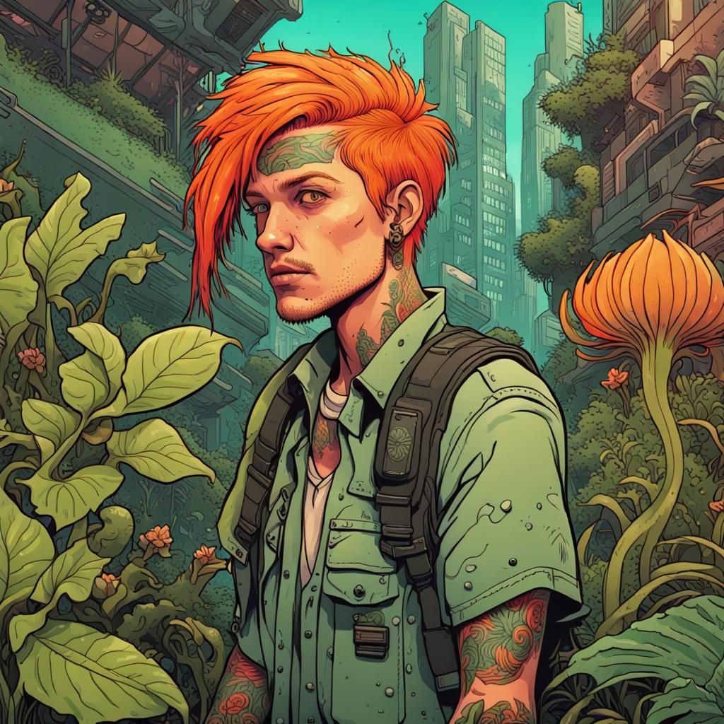 Cyberpunk Survivor in Post-Apocalyptic Jungle