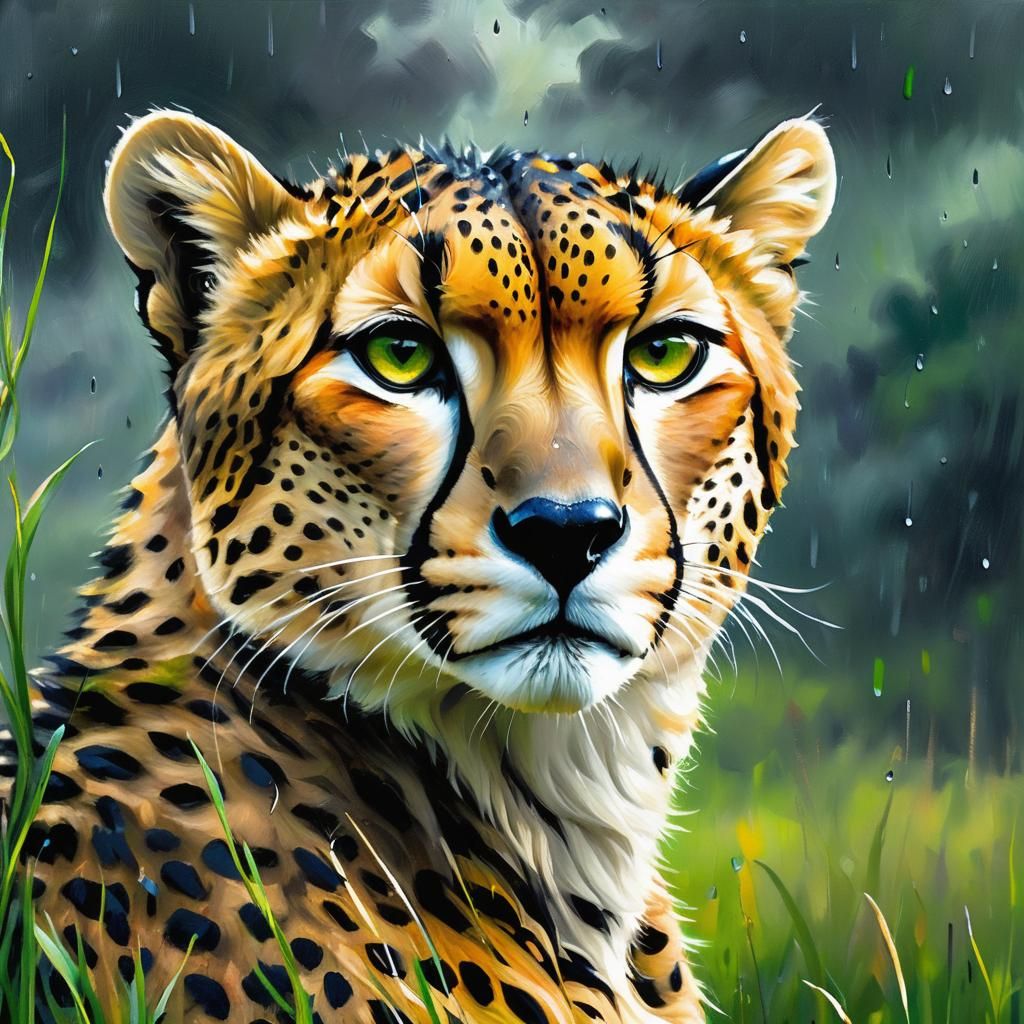 Cheetah Portrait in Stormy Field, Impasto Oil Painting