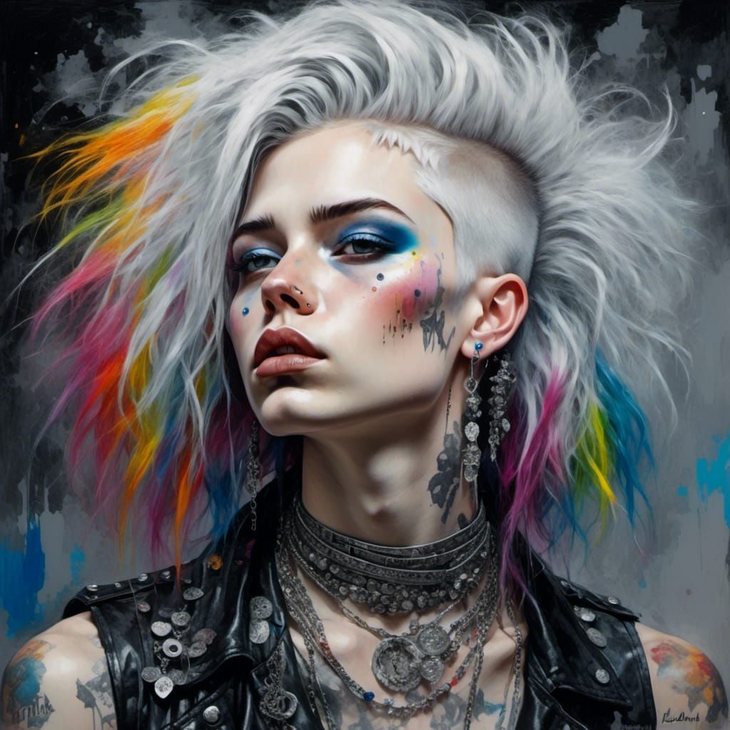 Punk Figure with Rainbow Hair in Watercolor Style