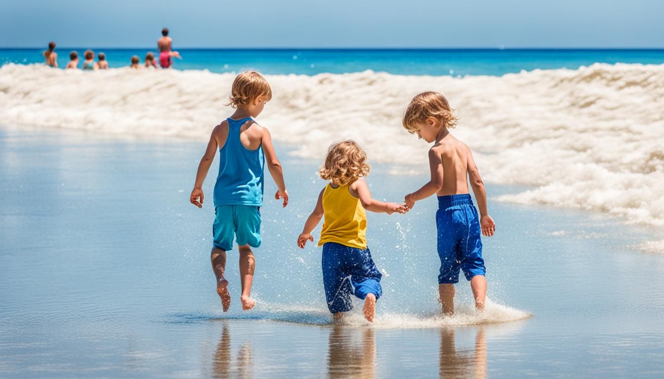 Tropical White Palm Beach with Children Playing