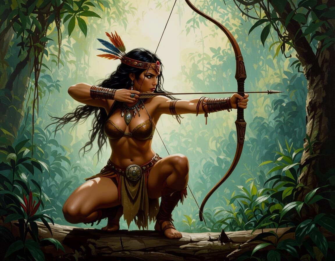 Amazon Warrior Aims Bow in Lush Rainforest Oil Painting