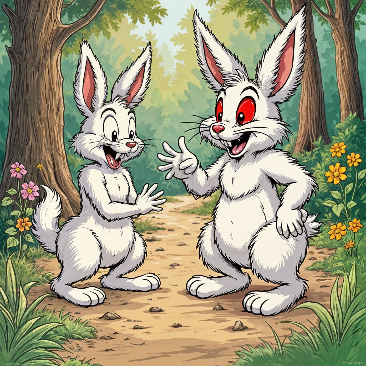 Playful Cartoon Rabbits in Lively Forest Scene