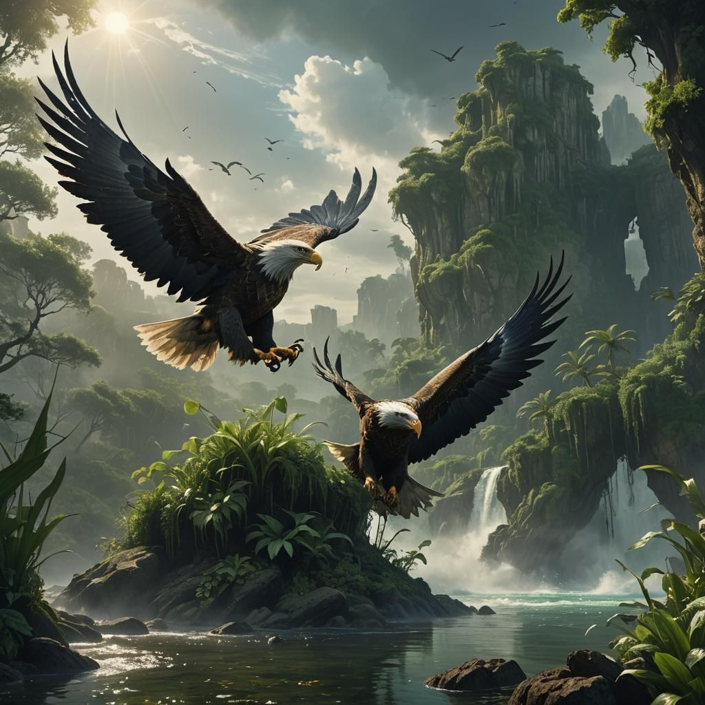 Mythical Eagle Soaring Above Lush Green Beaches