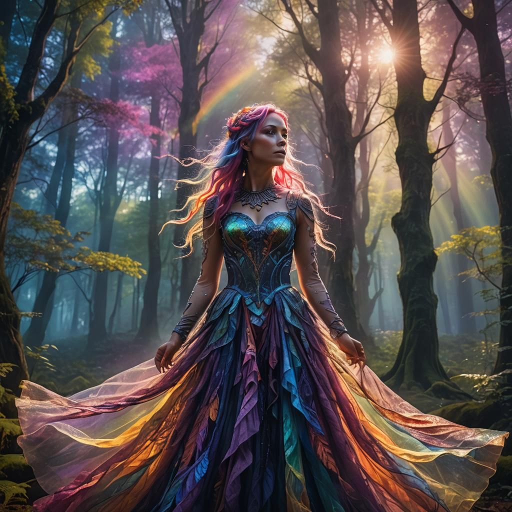Mystical Woman in Iridescent Forest, Digital Art