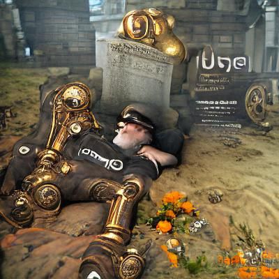 Steampunk God Resting in Grave